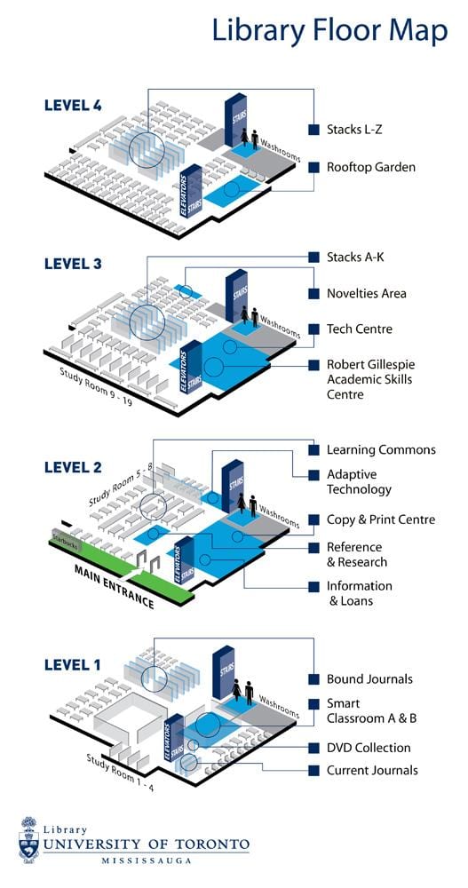 Քարտեզ Տորոնտոյի համալսարանի Миссисауга մակարդակով գրադարանի 