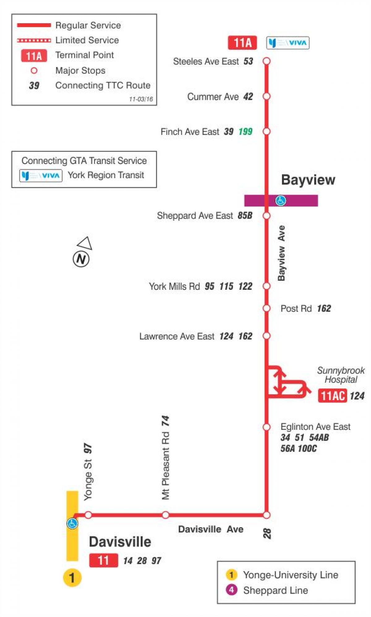 Քարտեզ ТТК 11 Бэйвью ավտոբուսային երթուղու Տորոնտոյում