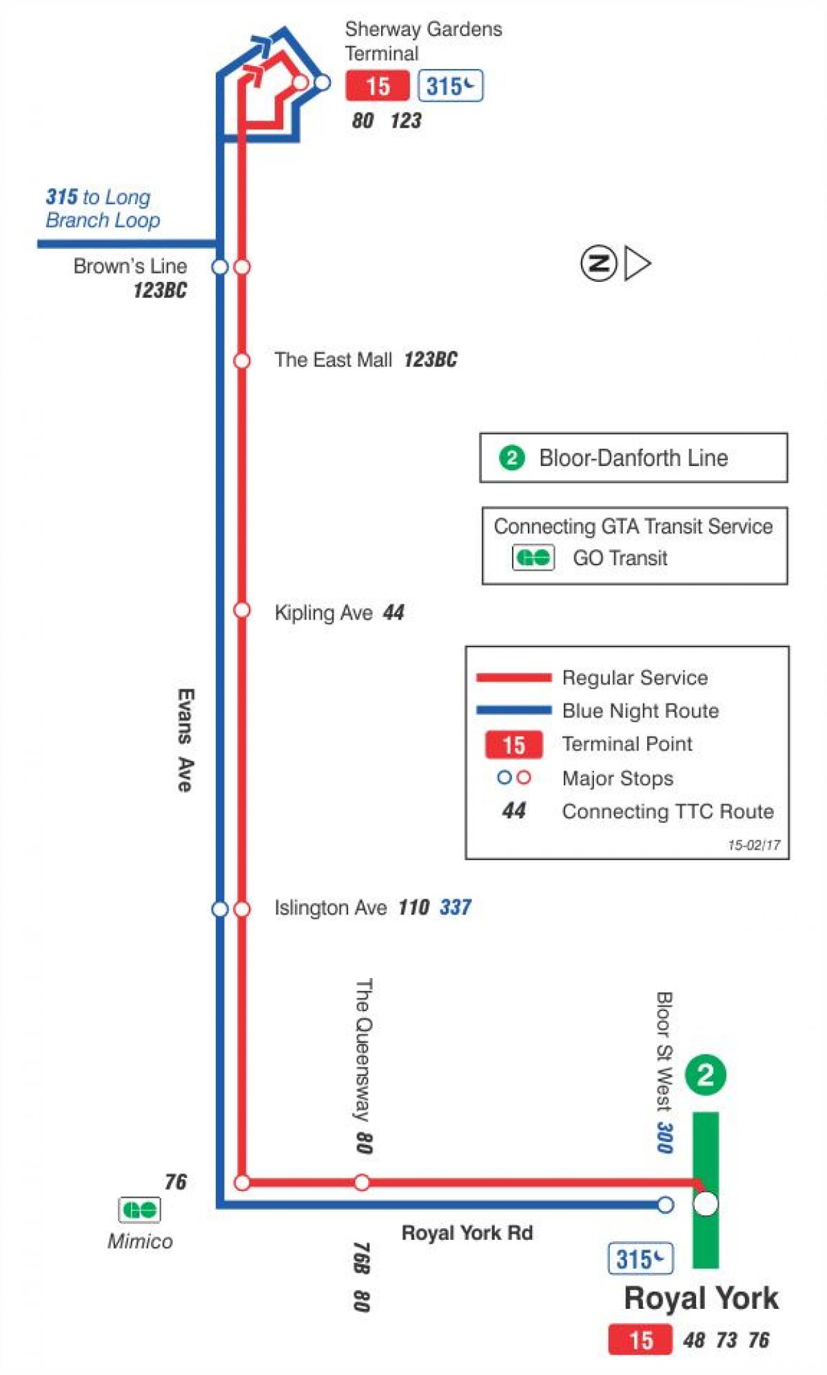 Քարտեզ ТТС 15 Էվանսը ավտոբուսային երթուղու Տորոնտոյում