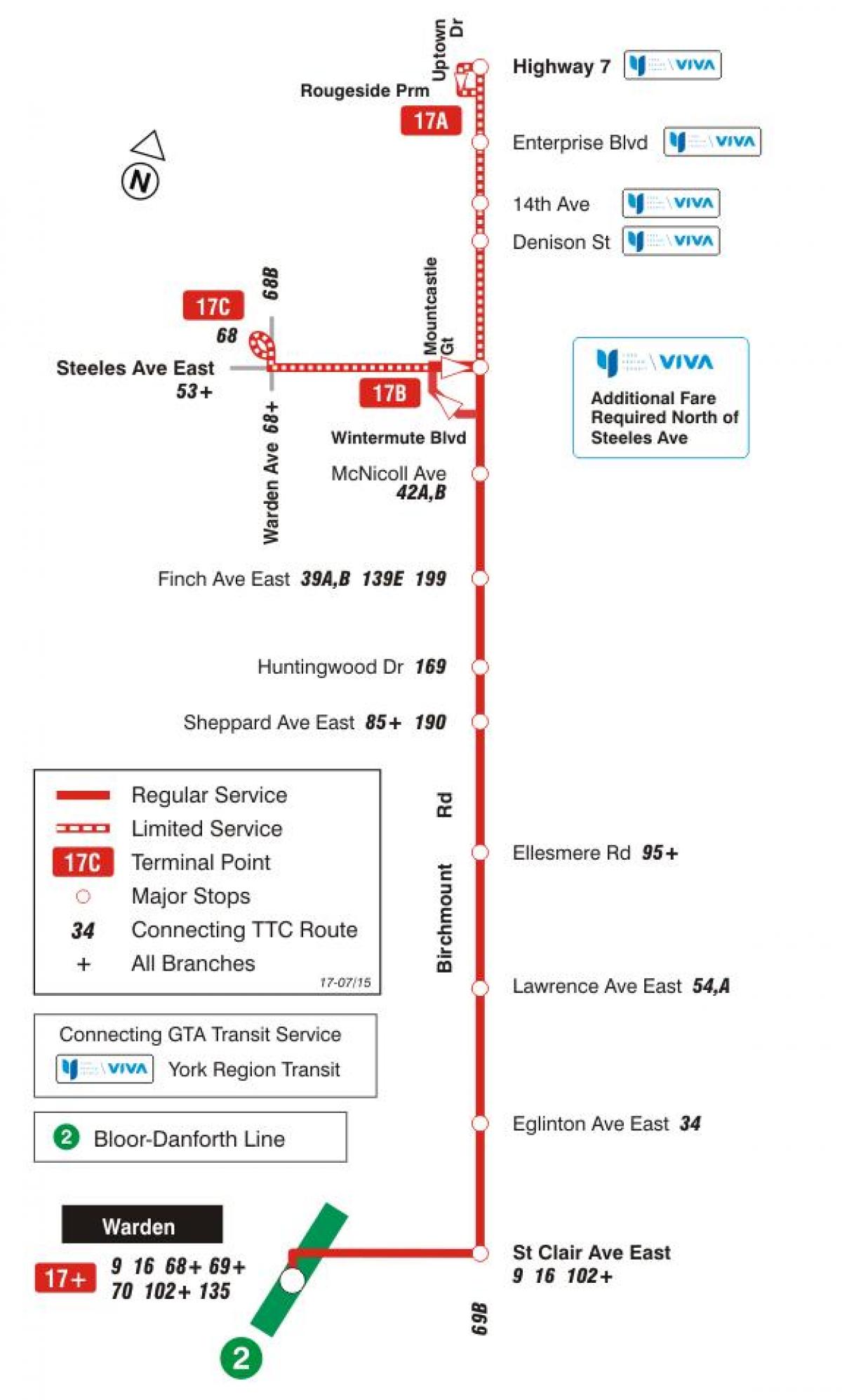 Քարտեզ ТТС 17 Birchmount ավտոբուսային երթուղու Տորոնտոյում