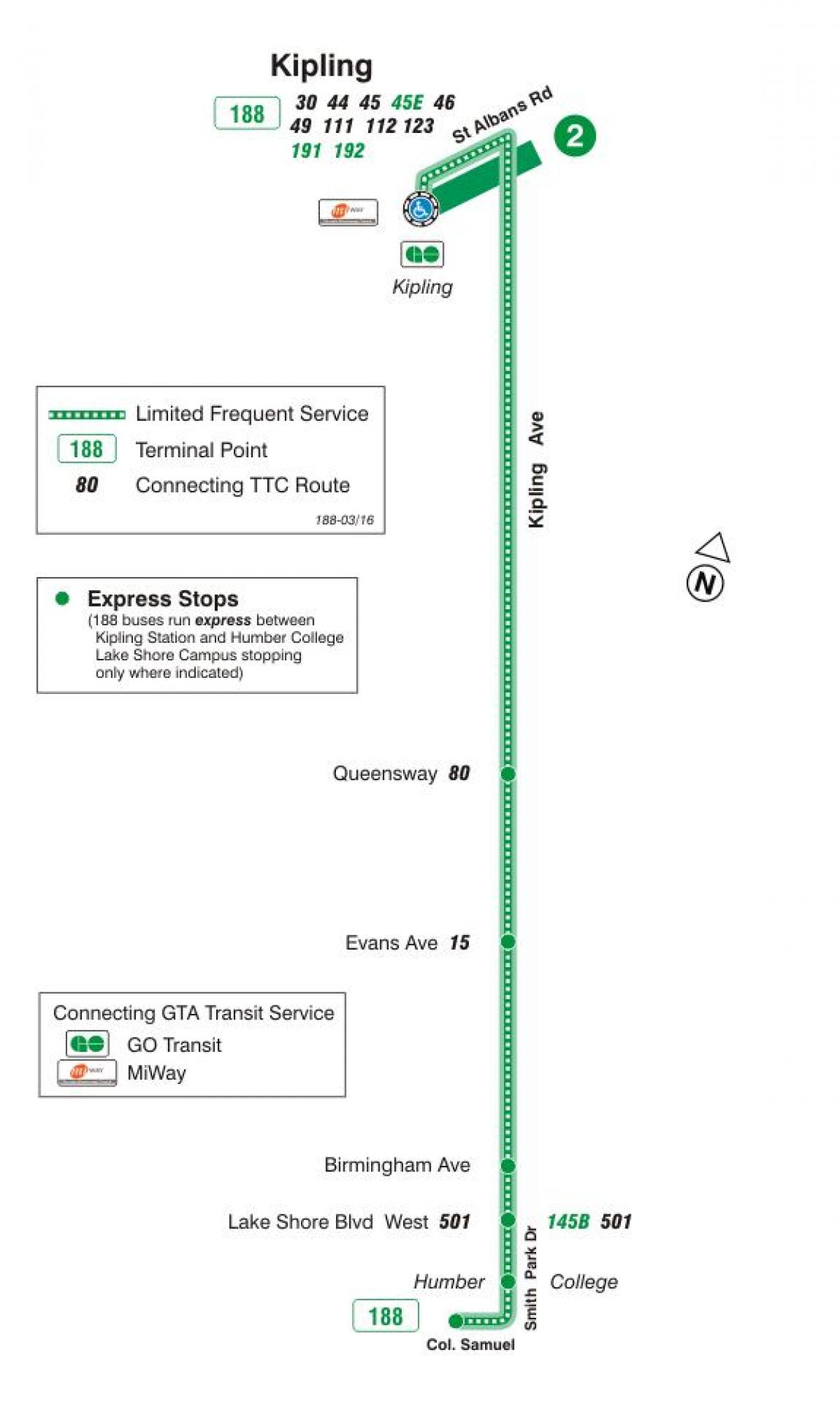 Քարտեզ ТТК 188 Kipling հրթիռներ Հարավային ավտոբուսային երթուղու Տորոնտոյում