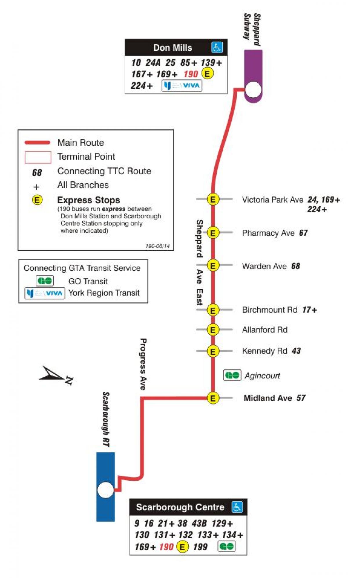 Քարտեզ ТТК 190 Скарборо Կենտրոն հրթիռա ավտոբուսային երթուղու Տորոնտոյում