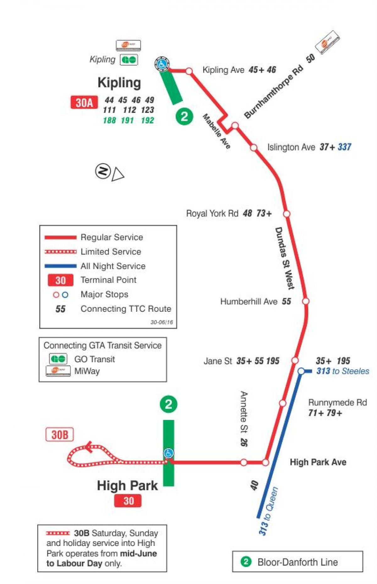 Քարտեզ ТТС 30 Ламбтон ավտոբուսային երթուղու Տորոնտոյում