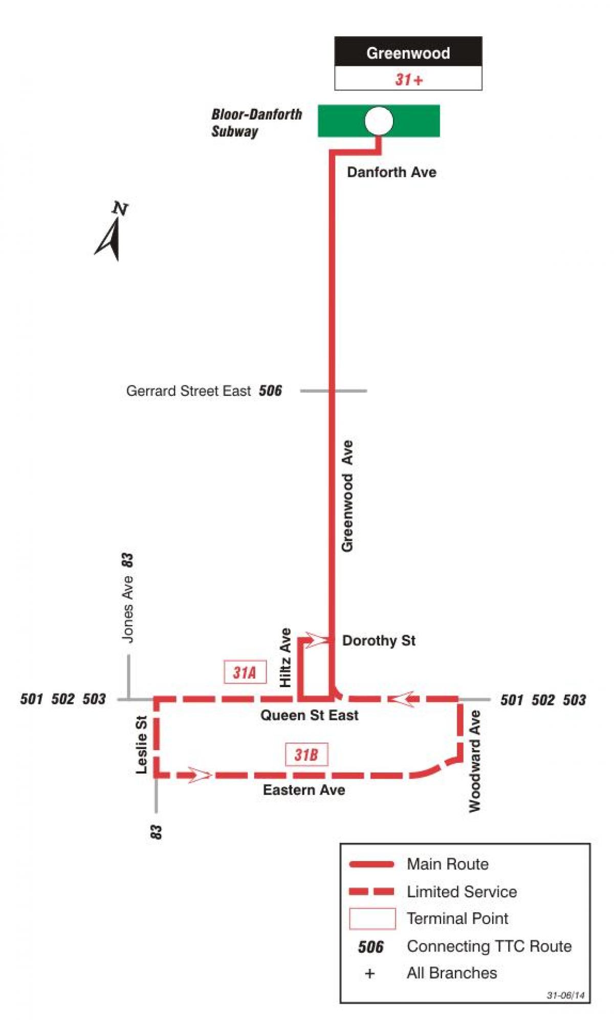 Քարտեզ ТТК 31 Гринвуд ավտոբուսային երթուղու Տորոնտոյում