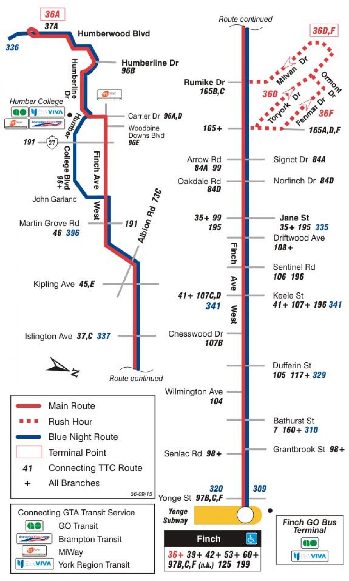 Քարտեզ ТТС 36 Финч Արեւմտյան ավտոբուսային երթուղու Տորոնտոյում