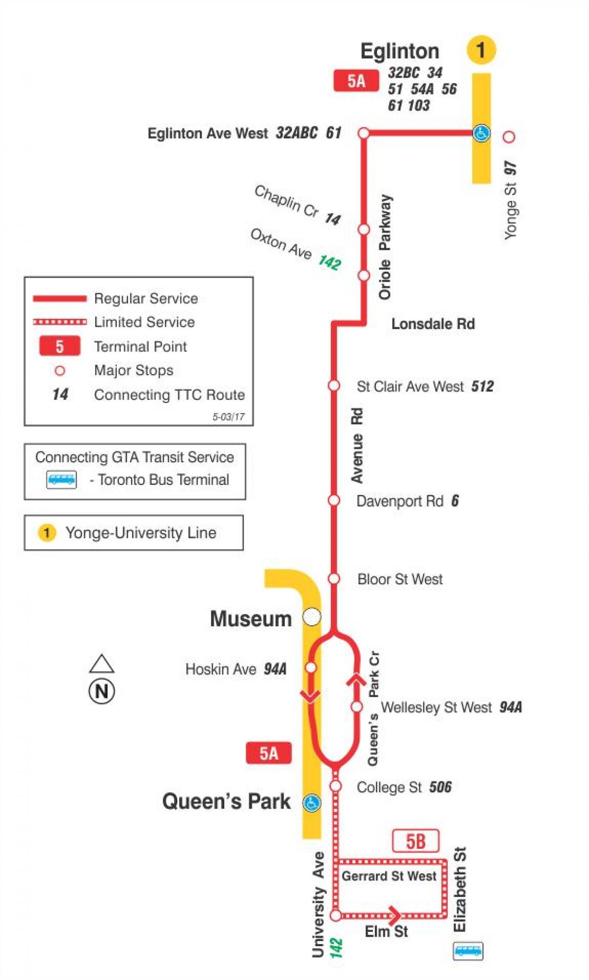 Քարտեզ ТТК 5 Avenue րդ ավտոբուսային երթուղի Տորոնտոյում