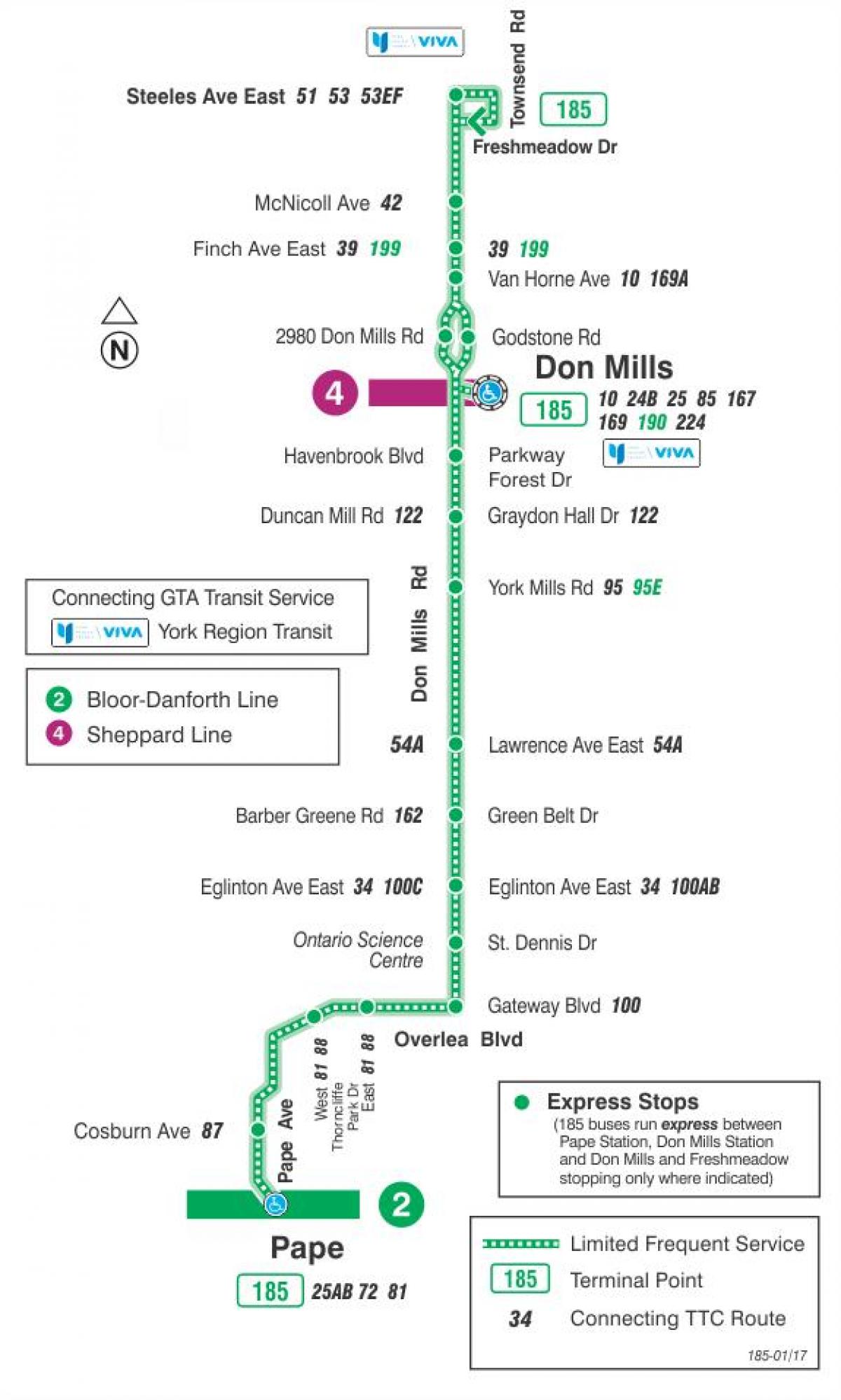 Քարտեզ ТТК 185 Դոն Միլսը հրթիռներ ավտոբուսային երթուղու Տորոնտոյում