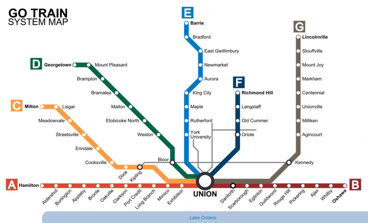 Քարտեզ Տորոնտոյի գնացքները գնում են տարանցիկ երկիր