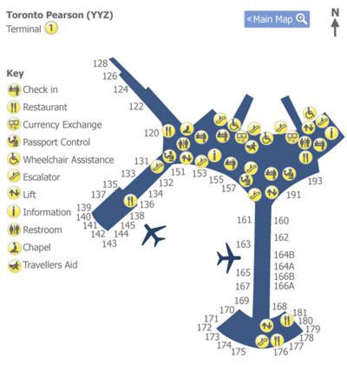 Քարտեզ Տորոնտոյի Pearson օդանավակայան տերմինալ 1
