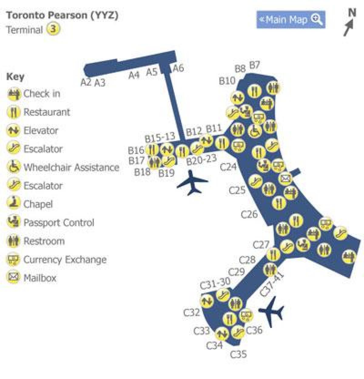 Քարտեզ Տորոնտոյի Pearson օդանավակայան տերմինալ 3