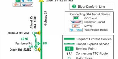 Քարտեզ ТТК խճուղի 191 հրթիռը 27 ավտոբուսային երթուղի Տորոնտոյում